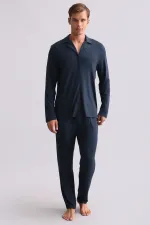 Chemise égyptienne à manches longues en modal, bleu marine