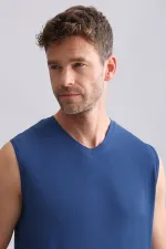 Débardeur/T-shirt de sport bleu marine à col en V, coupe classique, en bambou égyptien ZEUS