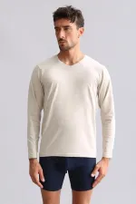 Mısırlı Modal By TENCEL HERCULES Slim Fit V Yaka Uzun Kollu Fanila / T-Shirt Toprak Bej