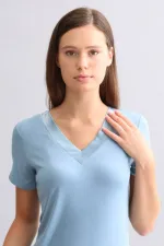 Mısırlı Kadın Saten T-Shirt Şort Takım Petrol Mavi