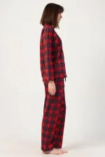 Mısırlı Kadın Pamuklu Ekoseli Uzun Kollu Gömlek Pijama Takımı Kırmızı