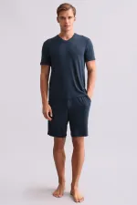 T-shirt égyptien pour homme, col en V, modal, bleu marine