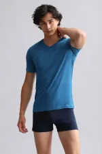 Débardeur/T-shirt HERCULES en coton biologique égyptien, coupe ajustée, col en V, couleur pétrole