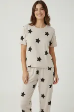 Pamuklu Kısa Kollu Tişört Pantolon Takım Bej