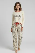 Mısırlı Kar Geyik Temalı Kadın Pijama Takımı Ekru
