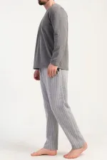 Ensemble de pyjama à manches longues rayé en maille interlock pour homme, gris, de style égyptien