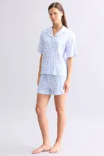 Mısırlı Kadın Pamuk Ekoseli Gömlek Şort Takım Açık Mavi