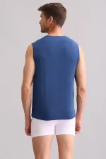 Débardeur/T-shirt de sport bleu marine à col rond, coupe classique, en bambou égyptien ZEUS