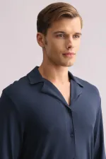 Chemise égyptienne à manches longues en modal, bleu marine