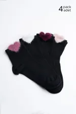 Kadın Pamuklu Kalpli 4 Çift Kısa Konç Çorap Siyah