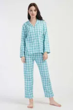 Ensemble pyjama bleu à manches longues en coton à carreaux bicolore pour femme, style égyptien