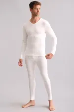 Sous-vêtement thermique à manches longues et col en V en bambou égyptien, écru