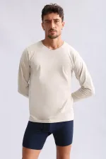 Mısırlı Modal By TENCEL HERCULES Slim Fit V Yaka Uzun Kollu Fanila / T-Shirt Toprak Bej