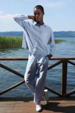 Mısırlı Kadın Pamuklu Çizgili Gömlek Takım Mavi