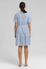 Kadın Pamuk Ekoseli Düğmeli Elbise Açık Mavi