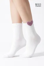 Women's Cotton Heart Patterned Short Ankle Socks, 4 Pairs, White