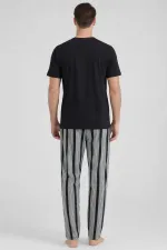 Mısırlı Erkek Pamuklu Bisiklet Yaka Çizgili Pijama Takım Siyah