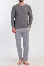 Ensemble de pyjama à manches longues pour homme, en maille interlock à carreaux, gris, de style égyptien