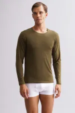 BAMBU HERCULES Slim Fit Crew Neck Long Sleeve Men's Undershirt Dark Khaki