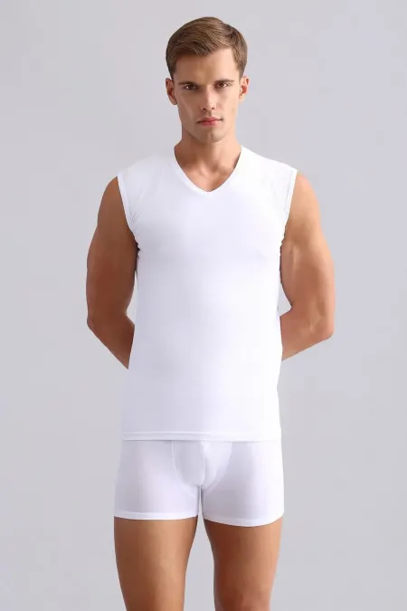 Mısırlı BAMBU HERCULES Slim Fit V Yaka Sporcu Atlet / T-Shirt Beyaz