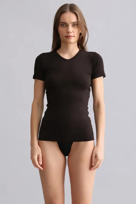 Mısırlı Modal By TENCEL VICTORIA V Yaka Fanila / T-Shirt Kahverengi