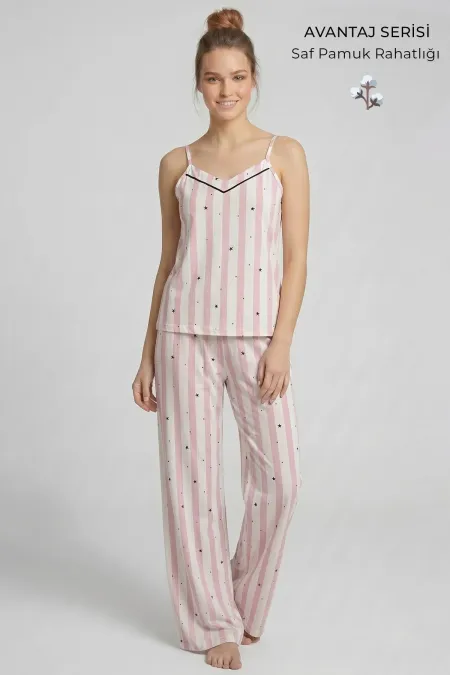 Mısırlı Kadın Pamuklu Çizgili Pijama Takım Pembe