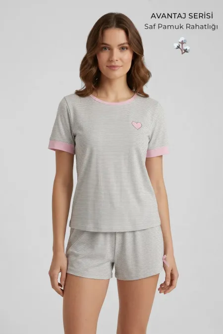 Egyptian Women's Cotton Striped Shorts Set Grey Egyptian Women's Cotton Striped Shorts Set Grey