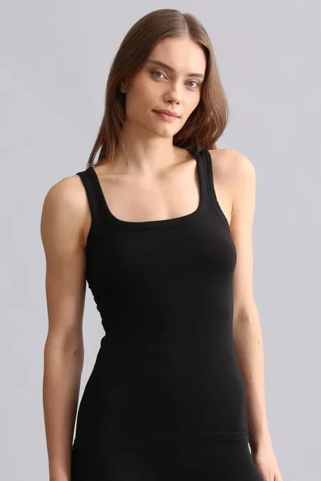 Mısırlı Modal By TENCEL U HELEN Kalın Askılı Long T-Shirt / Atlet Siyah