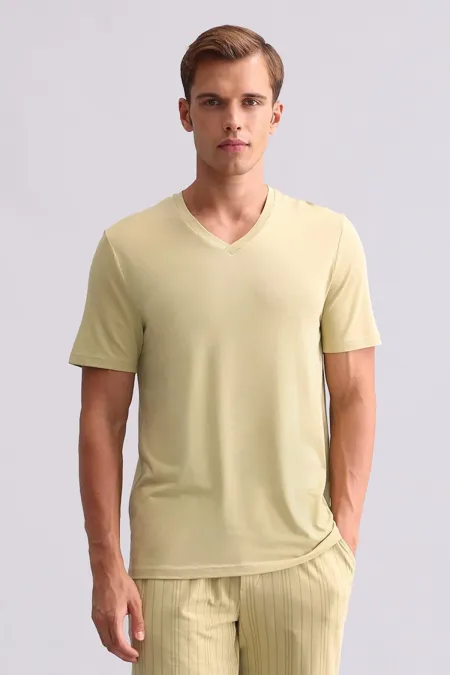 T-shirt égyptien pour homme, col en V en bambou, vert sauge