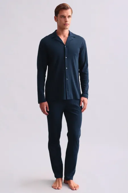 Ensemble pyjama chemise en coton pour homme, bleu marine, style égyptien