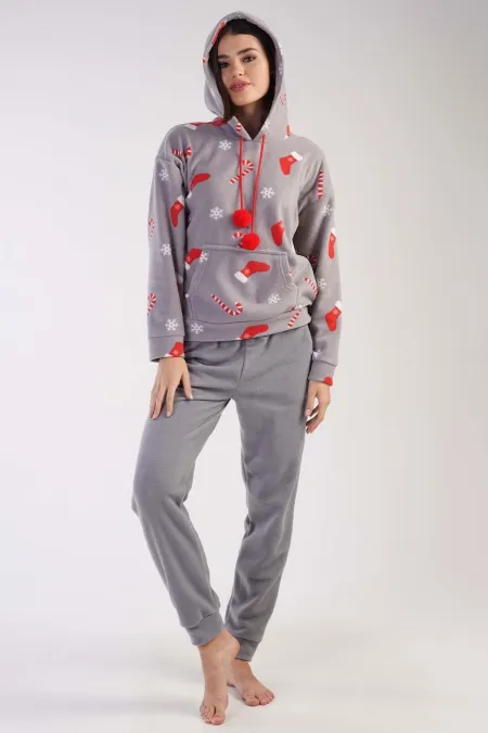 Mısırlı Kadın Polar Yılbaşı Temalı Kapüşonlu Pijama Takımı Gri
