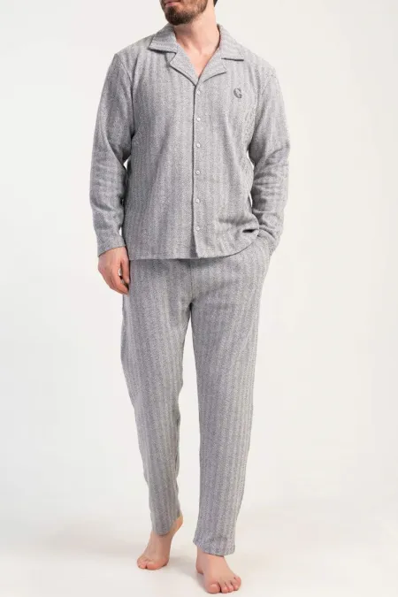 Ensemble pyjama pour homme, chemise à manches longues rayée en maille interlock égyptienne, gris clair