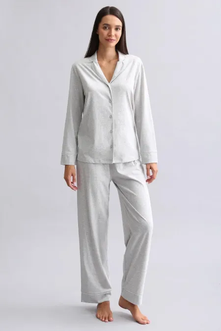 Mısırlı Kadın %100 Pamuk Pijama Takımı Gri Melanj