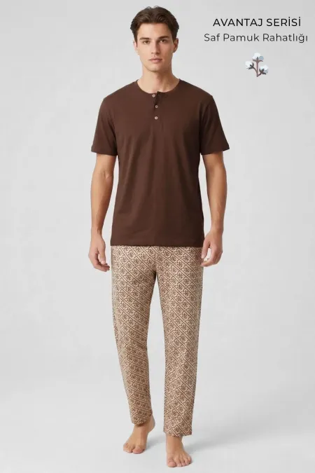 Egyptian Men's Cotton Crew Neck Buttoned Pajama Set Coffee/Beige