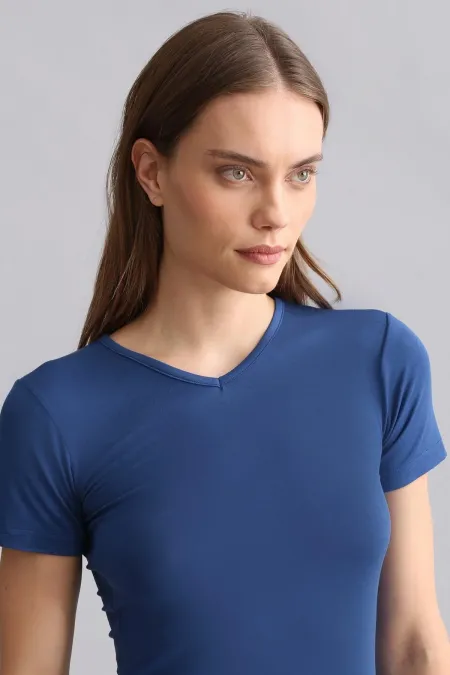 Mısırlı Modal By TENCEL VICTORIA V Yaka Fanila / T-Shirt Gece Mavisi