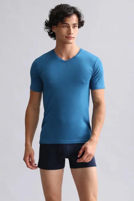 Mısırlı Modal By TENCEL HERCULES Slim Fit V Yaka Fanila / T-Shirt Petrol