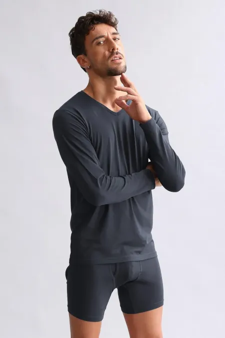 Débardeur/T-shirt à manches longues et col en V, coupe ajustée, en modal égyptien TENCEL HERCULES, couleur anthracite