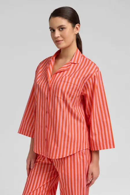 Kadın Pamuklu Poplin Çizgili Gömlek Turuncu-Pembe