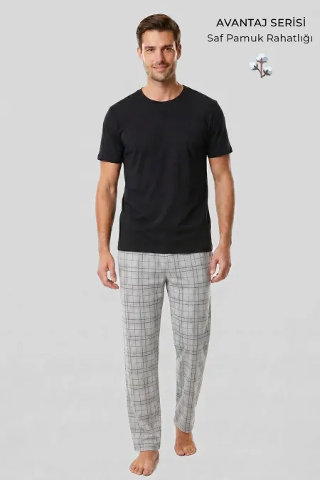 Mısırlı Erkek Pamuk Ekoseli Alt Pijama Gri