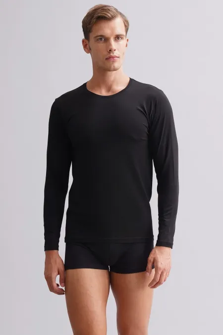 Mısırlı Modal By TENCEL HERCULES Slim Fit Crew Neck Long Sleeve Undershirt/T-Shirt Black