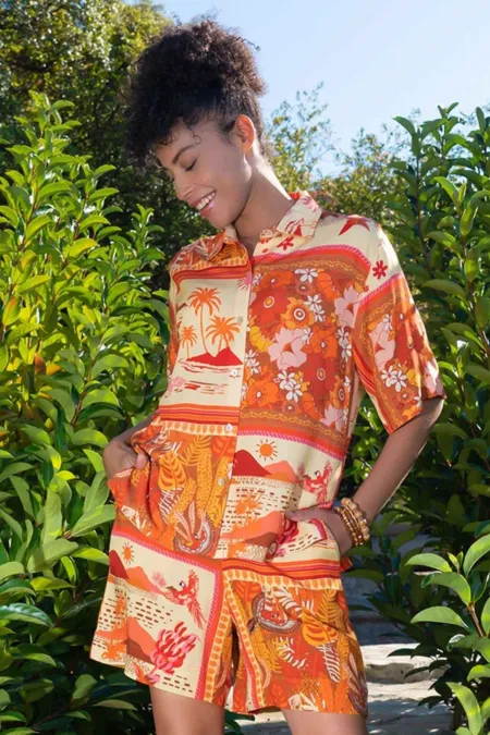 Mısırlı Kadın Viskon Dokuma Desenli Gömlek Şort Takım Turuncu