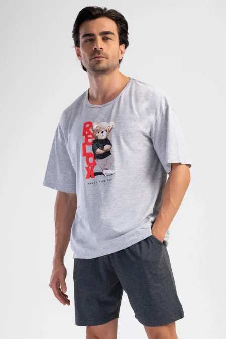 Mısırlı Erkek Pamuklu Kısa Kol Şort Pijama Takımı Gri Melanj