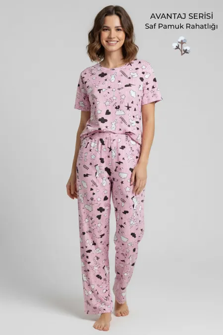 Pamuklu Kısa Kollu Tişört Pantolon Takım Pembe