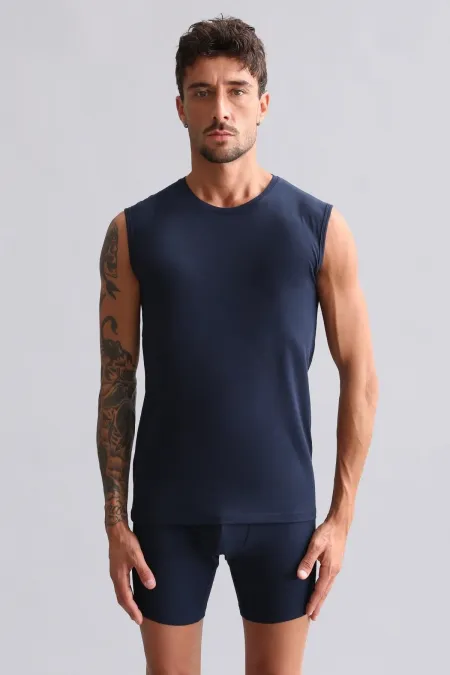 Débardeur/T-shirt de sport bleu marine à col rond, coupe ajustée, en bambou égyptien Hercules