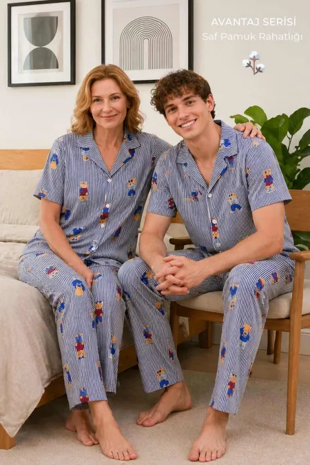 Mısırlı Erkek Pamuk Kısa Kollu Gömlek Pijama Takım Lacivert