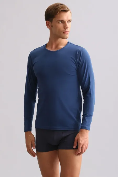 Mısırlı Modal By TENCEL HERCULES Slim Fit Bisiklet Yaka Uzun Kollu Fanila / T-Shirt Gece Mavisi