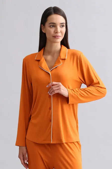 Mısırlı Kadın Modal Uzun Kollu Gömlek Pas Kırmızı