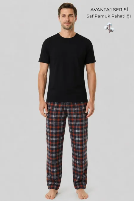 Mısırlı Erkek Pamuk Ekoseli Alt Pijama Oranj
