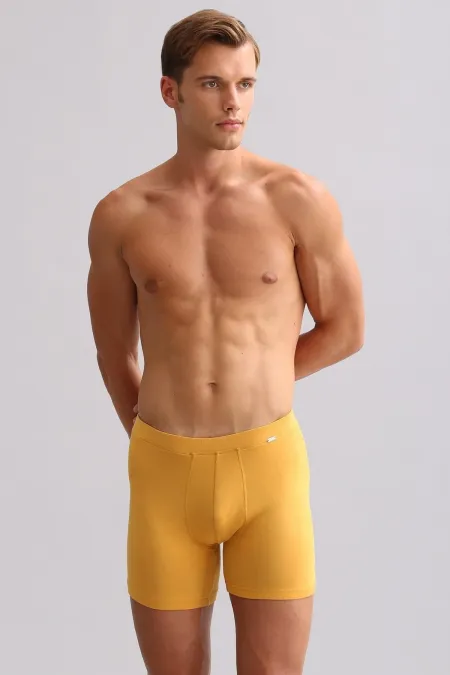 ZEUS LUXURY Regular Fit Long Boxer Shorts with Metal Emblem, Mısırlı ORGANIC Cotton, Mustard.