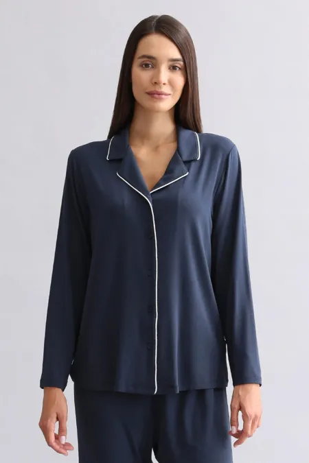 Mısırlı Kadın Modal Uzun Kollu Gömlek Gece Mavisi